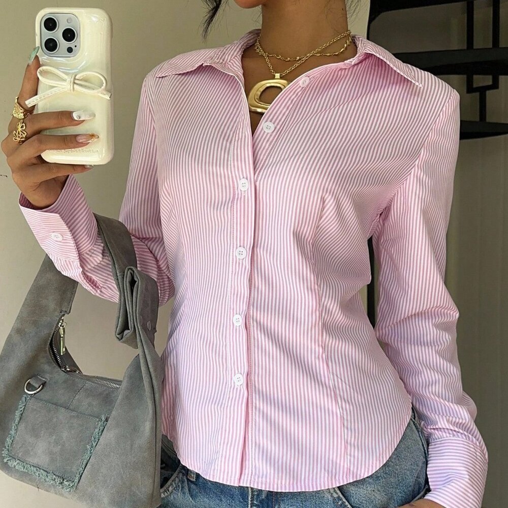 Pink Casual Women's Striped Tie-Waist Slim Fit Long Sleeve Shirt